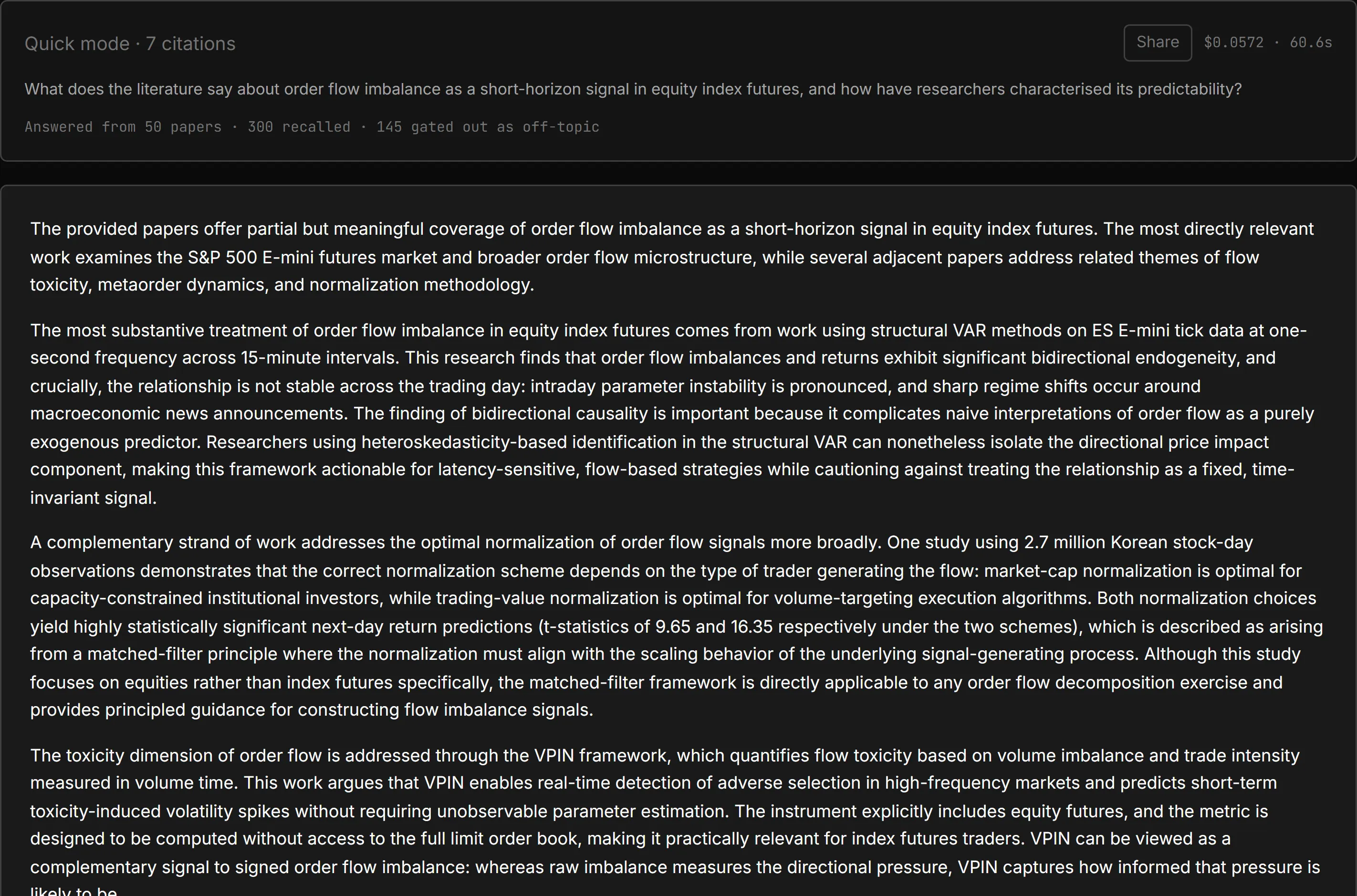Outsample Ask-the-corpus run: the order-flow-imbalance question answered with cited papers.